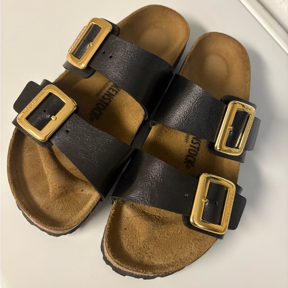 Birkenstock Black Sandals with Gold Buckles